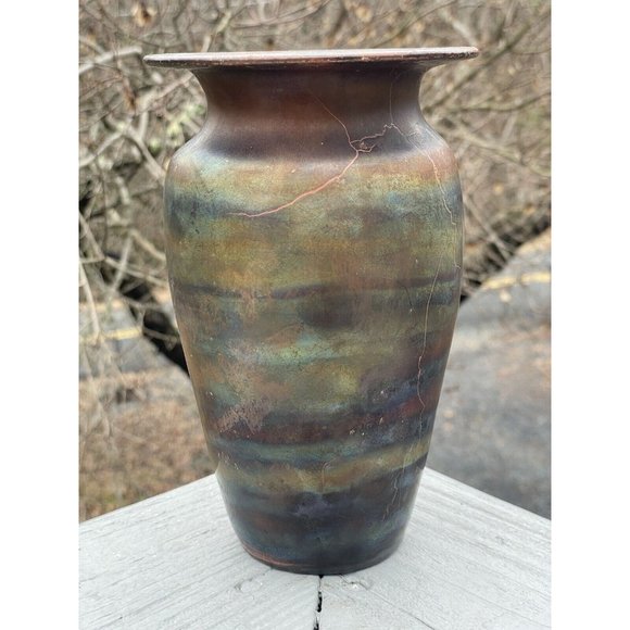 7.25" Vintage 20th C. Raku Iridescent Glazed Pottery Ceramic Vase Ramer Art - Picture 5 of 13